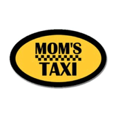 Yellow sticker with the words "Mom's Taxi" and a checker pattern (similar to taxicab).